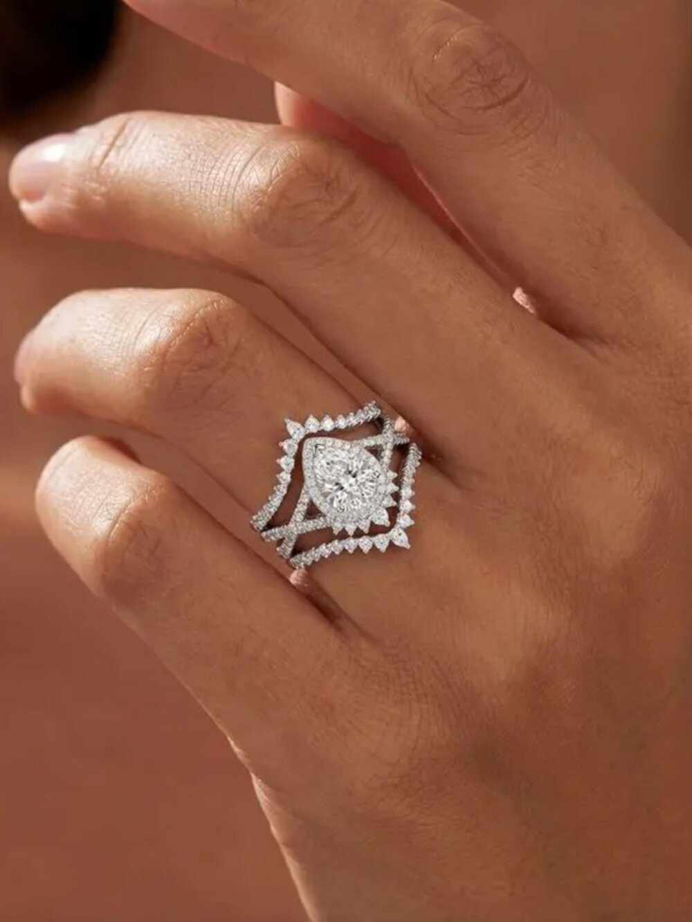NEW 18k White Gold Diamond Ring Band Pear Cut Statement Ring Band Wide Ring
